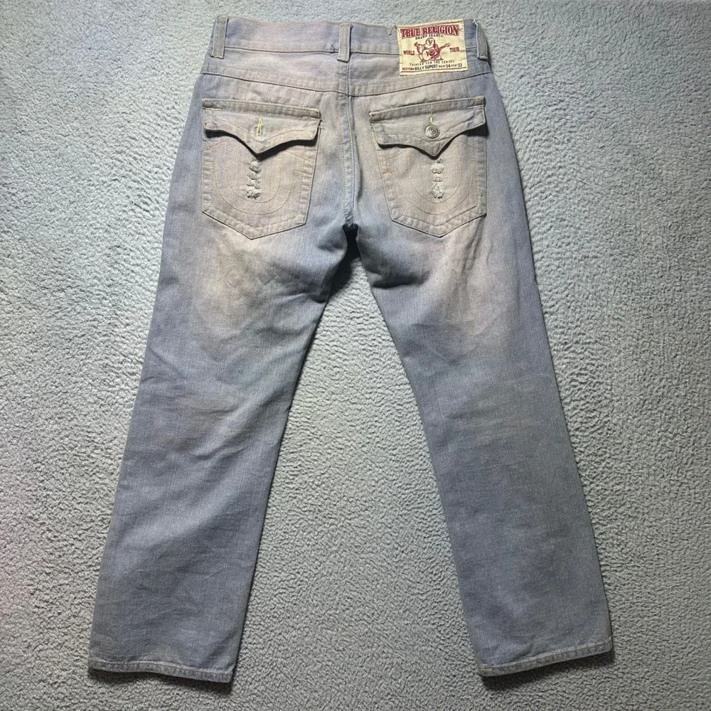 True Religion Billy Super T Jeans Men‎ 34 USA Made Distressed Light Wash Flap